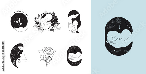 Motherhood, maternity, babies and pregnant women logos, collection of fine, hand drawn style vector illustrations and icons 