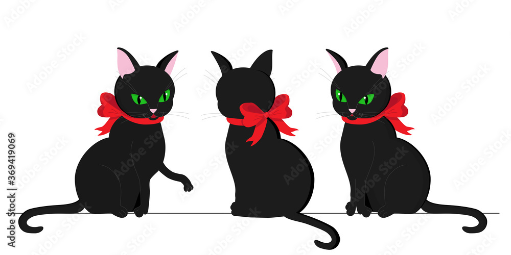 set of black cats with red bows. Cartoon character of a cat sitting in various poses. Vector illustration.