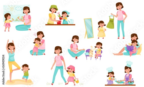 Mom and Daughter Doing Yoga, Baking, Reading Book and Walking Vector Illustration Set