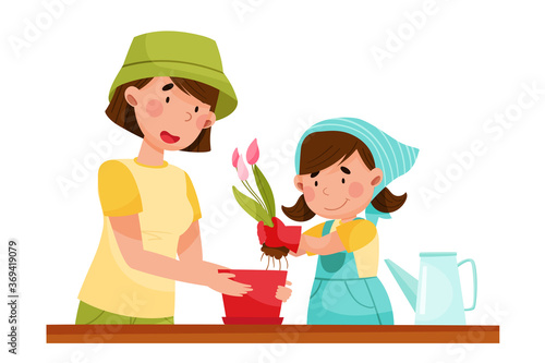 Young Woman Planting Flower in Flowerpot with Her Daughter Vector Illustration