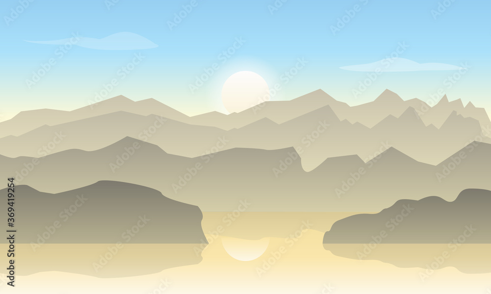 Vector landscape in pastel colors with silhouettes of mountains and warm sunlight. The sun and the silhouettes of the mountains are reflected on the surface of the water. Sunrise in the mountains.