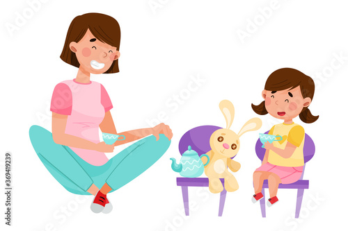 Young Woman Playing Toys with Her Daughter Vector Illustration