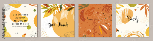 Trendy abstract square art templates with floral and geometric elements. Suitable for social media posts, mobile apps, banners design and web/internet ads.
