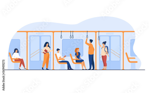 People standing and sitting in bus or metro train isolated flat vector illustration. Cartoon men and women using subway. Destination and public urban transport concept