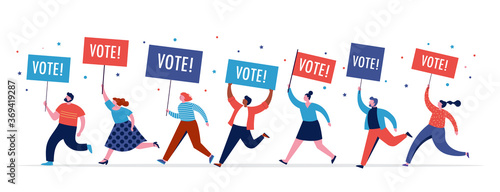 Group of people, walking with flags to elections. Crowd of women and men at a demonstration. Concept for election campaign, voting theme vector background.  photo