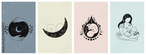 Motherhood, maternity, babies and pregnant women logos, collection of fine, hand drawn style vector illustrations and icons 
