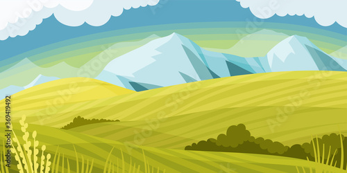 Green Countryside Hills with Distant Mountain Peaks Horizontal Landscape Vector Illustration