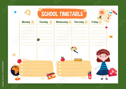 Template School Timetable with day of week in English. Cute Schedule for student or kids with girl in school uniform with bag. Chart for weekly lessons with decorative elements. Daily education Plan.
