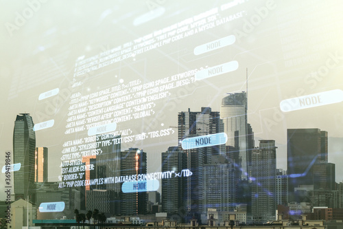 Multi exposure of abstract programming language hologram on Los Angeles office buildings background, artificial intelligence and machine learning concept