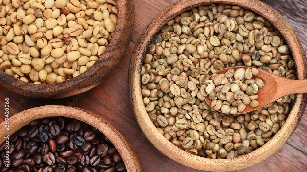 Close up of coffee beans in wooden bowl for background