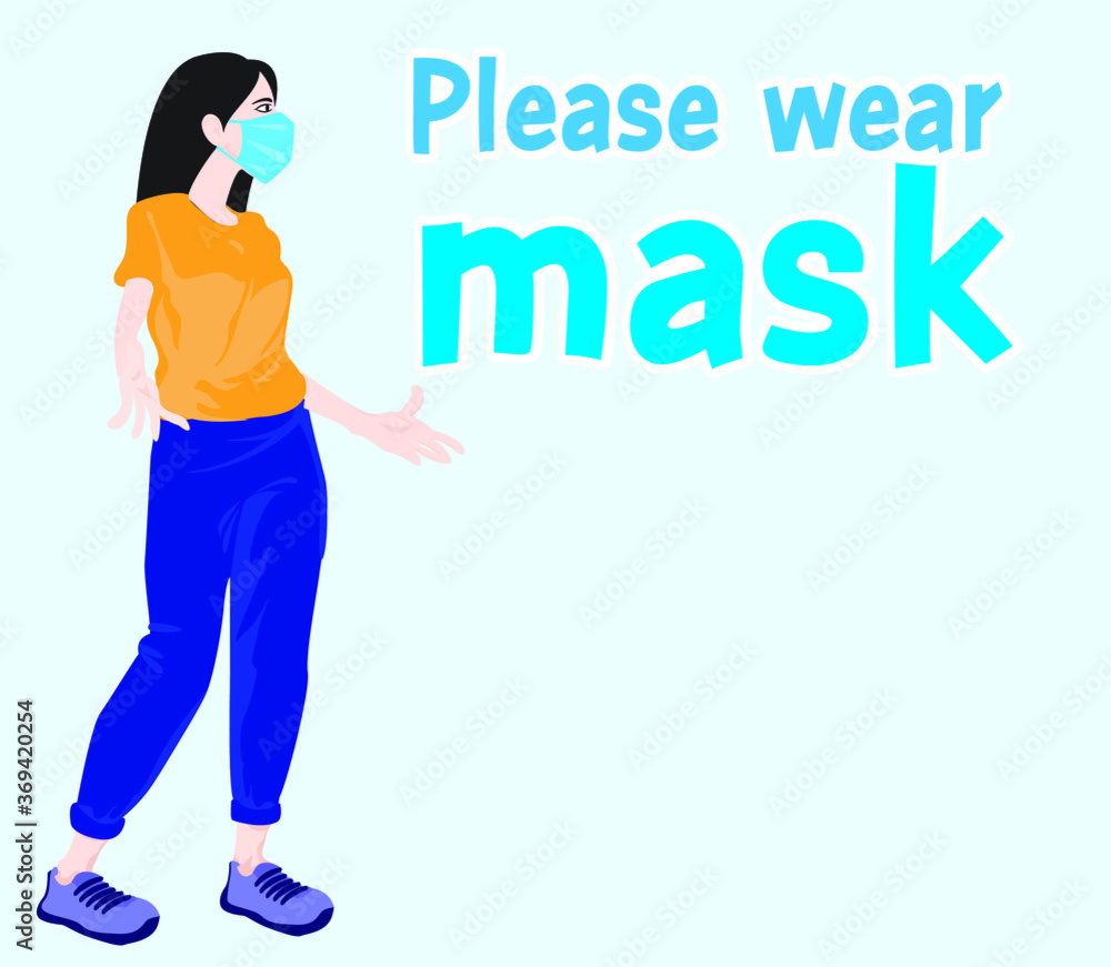 Boring Girl Wearing Medical Face Mask To Protect Virus With Please Wear Mask Bubble Messages Concept Card Character illustration Boring Girl Wearing Medical Face Mask To Protect Virus With Please Wear Mask Bubble Messages Concept Card Character illustration