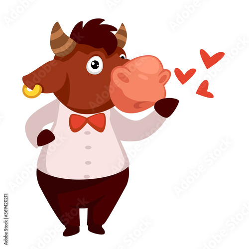 Bull sending kisses, romantic buffalo with hearts vector