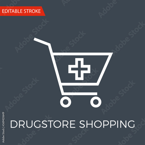 Drugstore Shopping Thin Line Vector Icon. Flat Icon Isolated on the Black Background. Editable Stroke EPS file. Vector illustration.