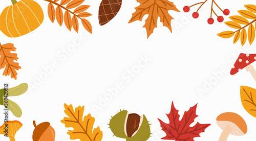 Fall season flat vector background. Autumn botanical colorful banner template with place for text. Dried leaves, wild mushroom decorative backdrop. Natural forest leafage illustration. Illustration.