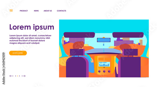 Couple riding vehicle. Back view of driver and passenger inside car interior. View from backseat. Vector illustration for driving, transportation, automobile, traffic concept