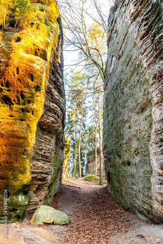 Narrow pass through sandstone rock formation at Chlum - Kozlov Castle Ruins, Bohemian Paradise, Czech Republic photo