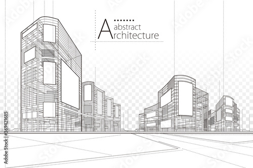 Architecture building construction perspective design, abstract modern urban building line drawing.