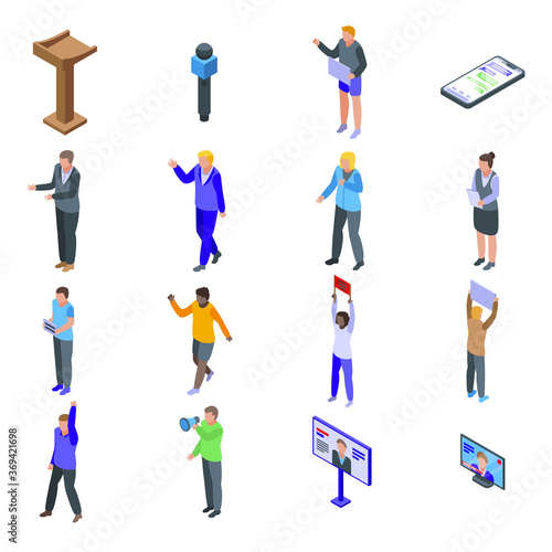 Agitation icons set. Isometric set of agitation vector icons for web design isolated on white background