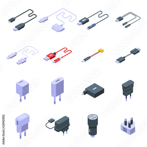 Charger icons set. Isometric set of charger vector icons for web design isolated on white background