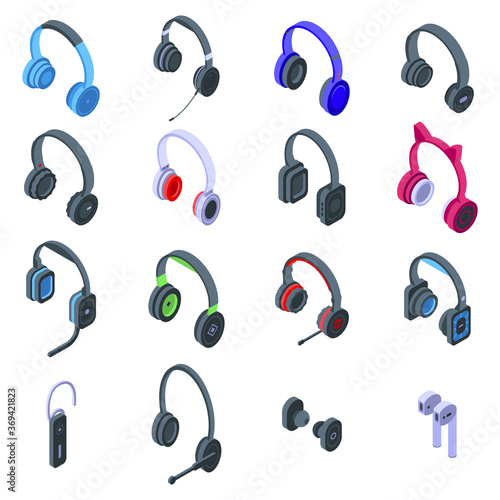Headset icons set. Isometric set of headset vector icons for web design isolated on white background