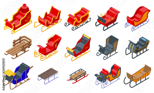 Sleigh icons set. Isometric set of sleigh vector icons for web design isolated on white background