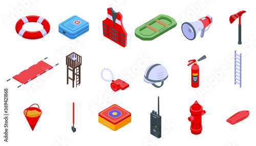 Rescuer icons set. Isometric set of rescuer vector icons for web design isolated on white background