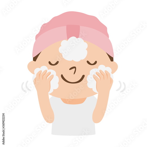 泡もこもこにして洗顔してる女性のイラスト。