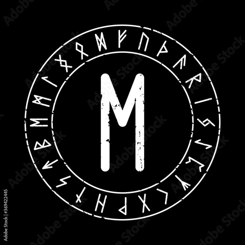 BLACK SQUARE BACKGROUND WITH EHWAZ RUNE IN MAGIC CIRCLE photo