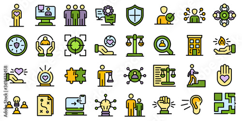 Responsibility icons set. Outline set of responsibility vector icons thin line color flat on white