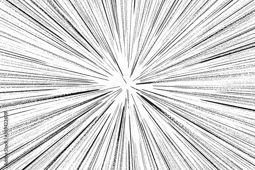 Black and white radial lines spped light or light rays comic book style background.  Manga or anime speed drawing graphic black radial zoom line on white. 3D render illustration.