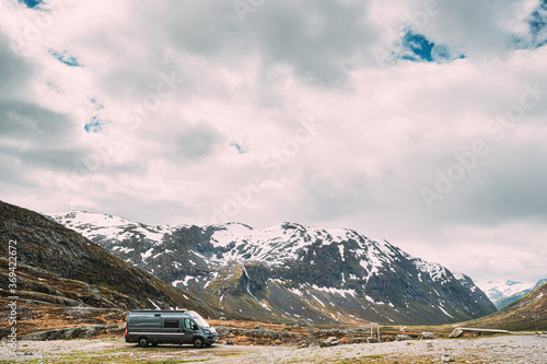 Reinheimen National Park, Norway. Van Caravan Motorhome Car Parking In National Park, Norway. Mountains Landscape In Summer. Western Norway