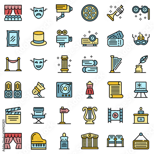 Theater museum icons set. Outline set of theater museum vector icons thin line color flat on white