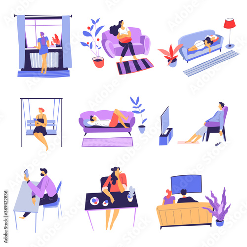 People staying at home, bored and sad characters