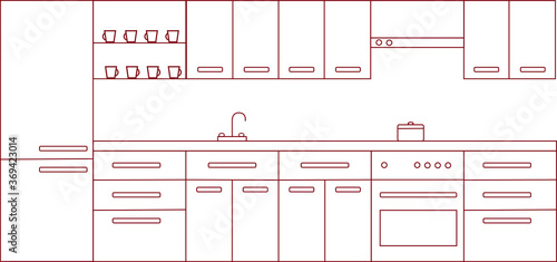 Simple flat kitchen interior, vector illustration, one color, one line