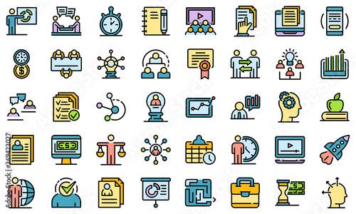 Business training icons set. Outline set of business training vector icons thin line color flat on white