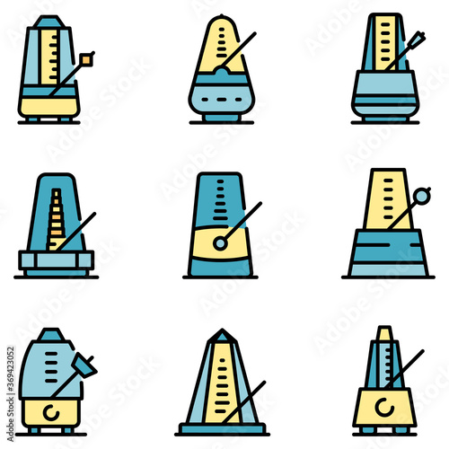 Metronome icons set. Outline set of metronome vector icons thin line color flat on white