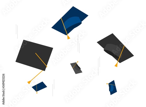 Graduation hats flying vector, academic caps throwing in the sky air flat cartoon illustration isolated in white background, concept of ending university college or school education