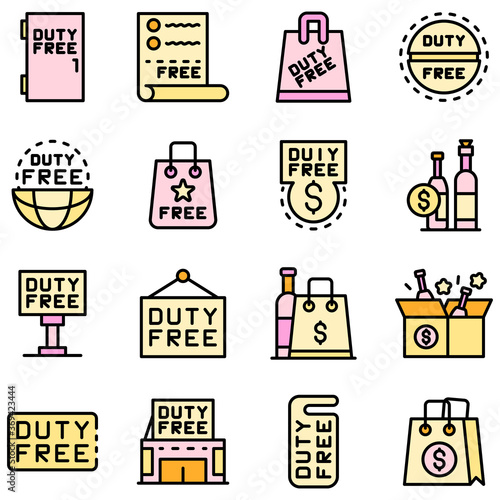 Duty free shop icons set. Outline set of duty free shop vector icons thin line color flat on white