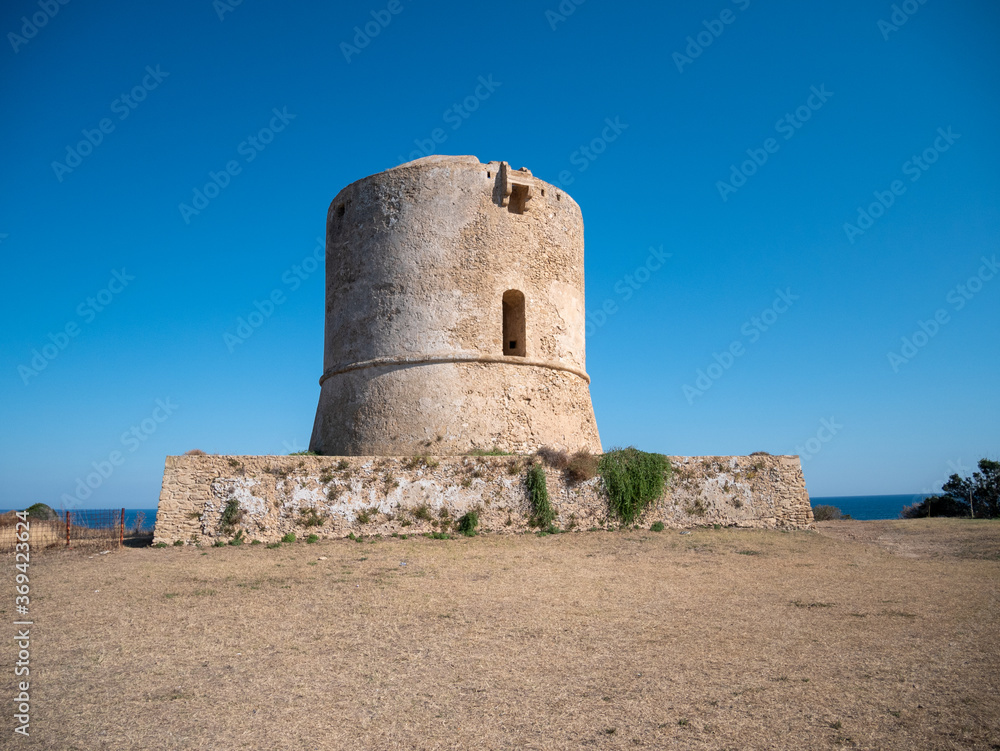 Old Tower of Isola di Capo Rizzuto on the Ionian Sea, protected marine area of Capo Rizzuto. Crotone, Calabria, Italy.