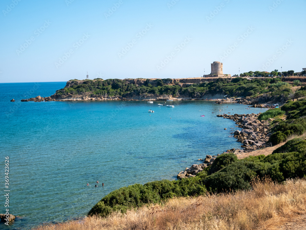 Old Tower of Isola di Capo Rizzuto on the Ionian Sea, protected marine area of Capo Rizzuto. Crotone, Calabria, Italy.