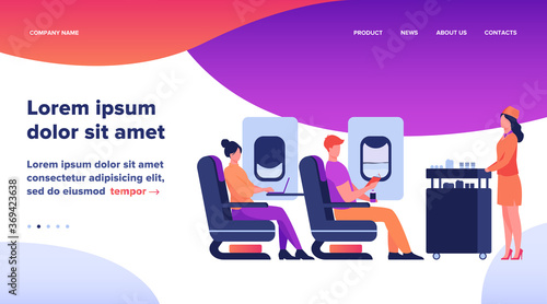 Air trip with comfort flat vector illustration. Passengers waiting for airline meal. People travelling by plane and sitting near airplane window. Airline, tourism and journey concept.