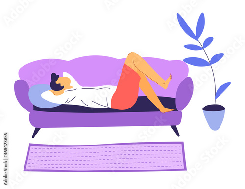 Bored or tired male character staying at home