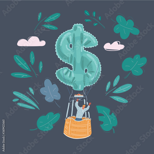 Vector illustration of Hot air balloon money shape on dark background. Man fly in the sky on dollar shape aerostat. Object on dark background.