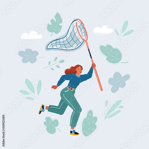 Vector illustration of woman run with an empty fishing net isolated on white background