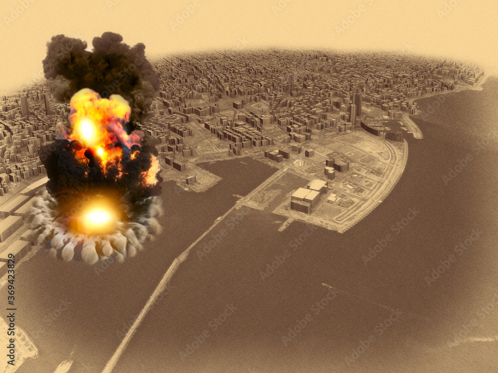 Aerial view during the explosion in the port area of Beirut, Lebanon. Ammonium nitrate stored in the harbor. 3d render - obrazy, fototapety, plakaty 