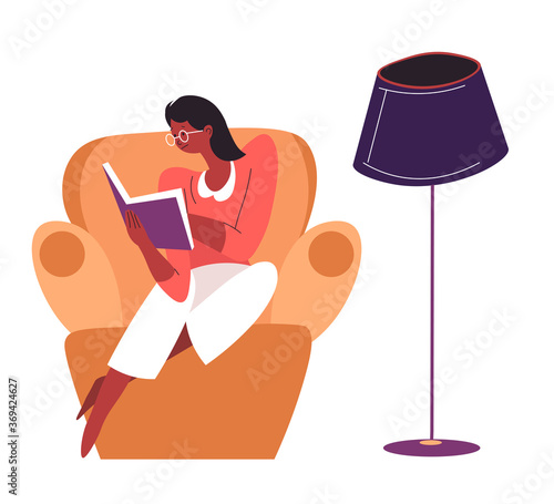 Introvert female character reading book at home vector
