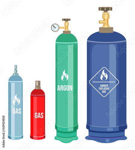 Collection of cartoon vector icons. Gas cylinders, balloons with gas, argon. Danger explosive gas, warning sign. Reservoirs with regulators. Gas container with indicator, manometr. Flammable gas