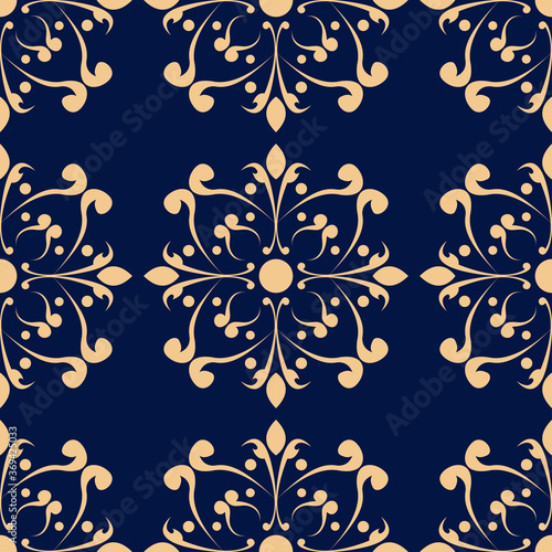 Floral seamless pattern. Golden design on deep blue background