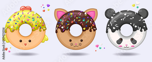 Glazed cute doughnut animals set. Isolated donuts with glaze and bite, eaten chocolate icing fritters or caramel circle doughnuts