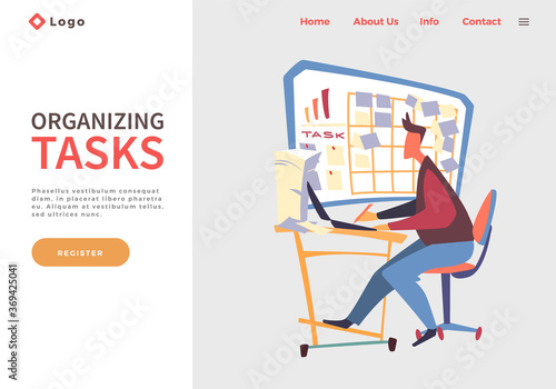 Website concept. Man sitting at table, using laptop, making paper work near board with work tasks, stickers. Effectively organizing tasks, keep deadlines. Guy office worker busy, working with tasks